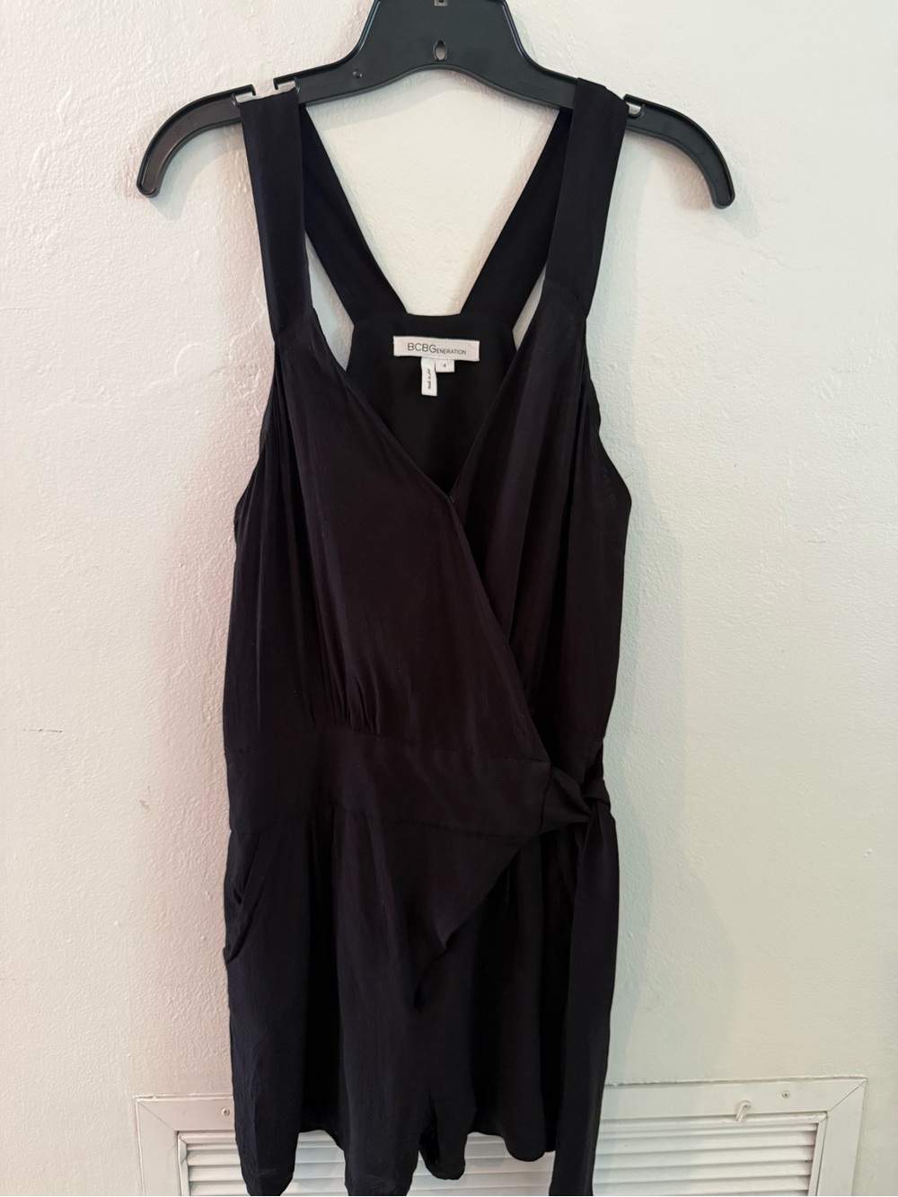 BCBGeneration Black Wrap Romper with Wide Straps